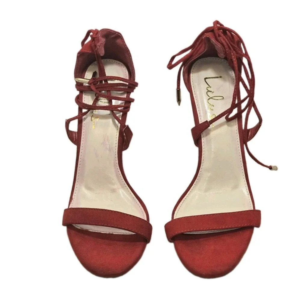 Lulus Red Lace Up Heels Size 8.5 Strappy Stiletto Sandals Faux Suede Women's